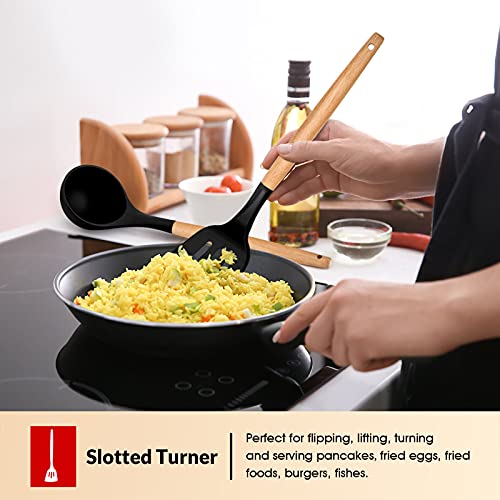 E-far Cooking Utensils Set of 6, Silicone Kitchen Utensils with Wooden Handle, Non-stick Cookware Friendly & Heat Resistant, Includes Spatula/Ladle/Slotted Turner/Serving Spoon/Spaghetti Serv - WoodArtSupply