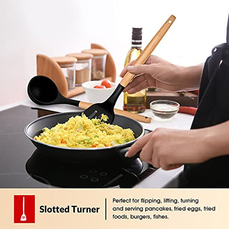 E-far Cooking Utensils Set of 6, Silicone Kitchen Utensils with Wooden Handle, Non-stick Cookware Friendly & Heat Resistant, Includes Spatula/Ladle/Slotted Turner/Serving Spoon/Spaghetti Server(Black) E-far