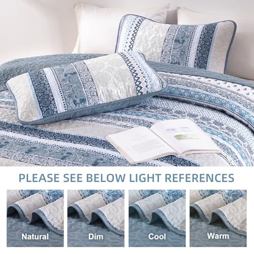 WONGS BEDDING Boho Quilt Set King Size, Blue Bohemian 3 Pieces Quilt Sets, Lightweight Bedspread Coverlet Bedding Set for All Season (104"x90") WONGS BEDDING