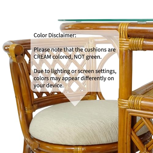 Borneo Compact Dining Set Colonial Color, Table with Glass Top + 2 Chairs with Cream Cushions, Handmade Natural Wicker Rattan Furniture Wickerix