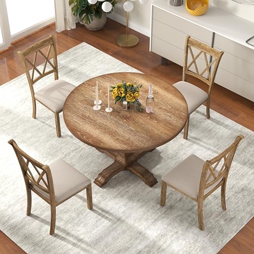 Roundhill Furniture Havre 5-Piece Dining Set, Pedestal Round Table with 4 Stylish Chairs, Oak Roundhill Furniture