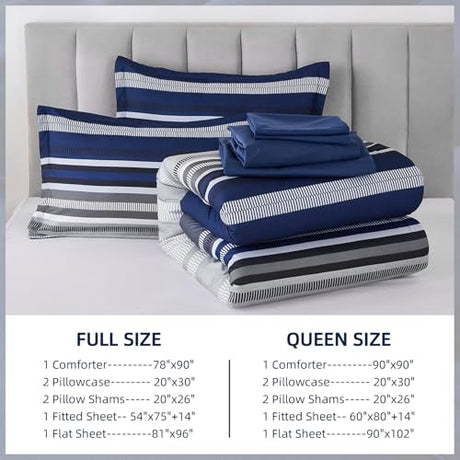 Dobuyly Navy Blue Queen Comforter Set 7 Pieces, Boho Striped Bed in a Bag Queen Size Soft Microfiber All Season Bedding Set with Comforter, Sheets, Pillowcases & Shams Dobuyly