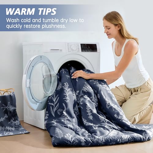 MUXHOMO Navy Blue Bed in a Bag Queen 7 Pieces, Queen Comforter Set Reversible Botanical Flowers Design, Ultra Soft & Breathable Bedding Sets with Comforter, Sheets, Pillowcases & Shams MUXHOMO