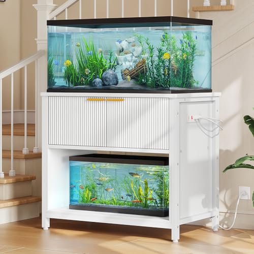 DWVO 40-50 Gallon Aquarium Stand with Power Outlets, Cabinet for Fish Tank Accessories Storage - Metal Frame Fish Tank Stand Suitable for Turtle Tank, Reptile Terrarium, 660LBS Capacity, White