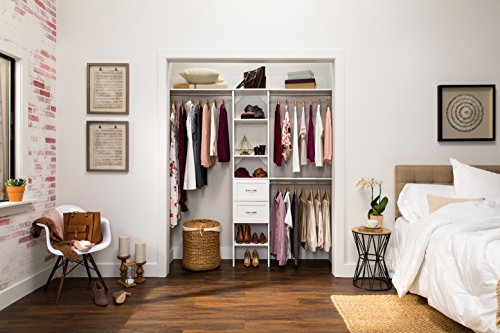 ClosetMaid SuiteSymphony Wood Closet Organizer Starter Kit with Tower and 3 Hang Rods, Shelves, Adjustable, Fits Spaces 4 – 9 ft. Wide, Engineered Wood, Pure White, 16" ClosetMaid