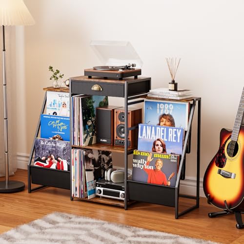 JunVpic Record Player Stand with Vinyl Storage – Record Table with Holder,6-Bin Vinyl Storage Rack & Drawer, Dual Side Display Shelves,Holds 200+ Albums,Turntable Stand for Living Room,Bedroom (Brown) JunVpic
