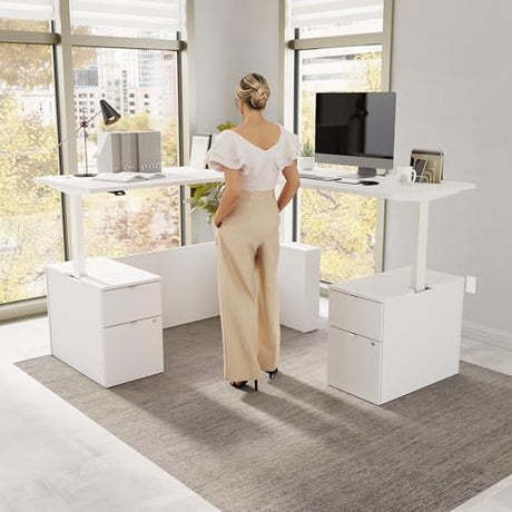 Bush Business Furniture 72-inch Height Adjustable L Shaped Standing Desk with Drawers, Ergonomic Sit-Stand Computer Table for Office, Stratus Collection, White with White Base Bush Furniture