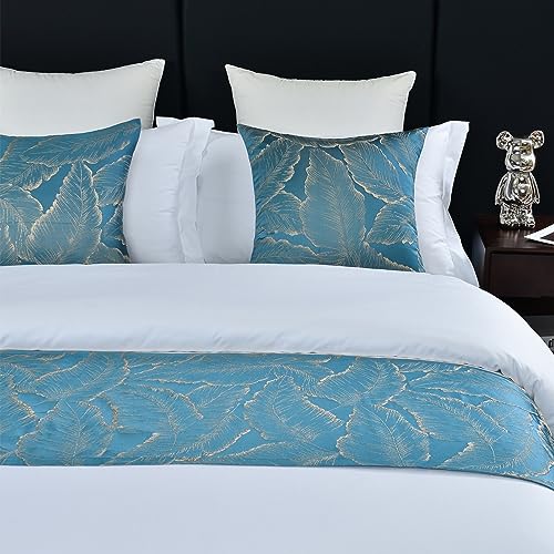 twelves Leaf Pattern Bedrunner Set, Jacquard Bed Scarf Luxury Single Bedding Protector Slipcover Bedroom Guestroom Inn Decor Blue twelves