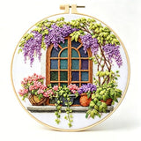 Zhenqing Wisteria by The Window Embroidery Kit for Beginners, Pre-Printed 29x29cm Cotton Fabric with 20cm Hoop, Cozy Vintage Window Design (JC0028