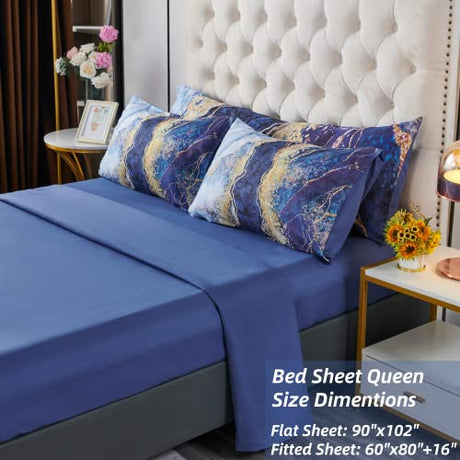PERFEMET 6 Pcs Bed-in-A-Bag Queen Size Blue Watercolor Marble Printed Comforter Set with Matched Bed Sheets, Colorful Retro Artwork Style Bedroom Collections, Soft Lightweight Quilt Set(Blue,Queen) PERFEMET