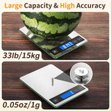 BakFee Food Scale, 33lb Digital Kitchen Scale with Stainless Steel & Tempered Glass, USB Rechargeable, 1g/0.05oz Precise Weighing, Splash-Resistant and Sturdy Surface, for Cooking, Baking, Weight Loss