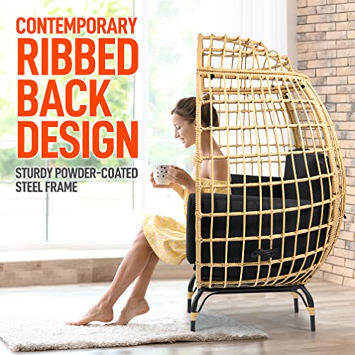 Jovial Wicker Rattan Egg Chair,Indoor Outdoor Black Sofa Chair for Patio Backyard and Living Room with 4 Cushions and Powder Coated Steel Frame,Woven Texture Contemporary Ribbed Back Design - WoodArtSupply