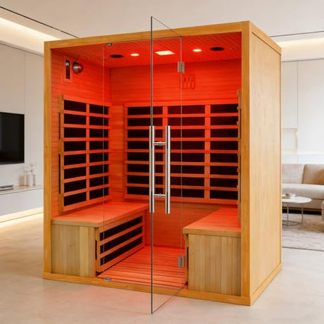 DWKWE 3-4 Person Hemlock Wood Indoor Far Infrared Home Sauna - 11 Low EMF Carbon Heaters, Bluetooth Speakers, Chromotherapy, Tempered Glass Door (220V, 2880W, for Home Gym & Family Relaxation) DWKWE