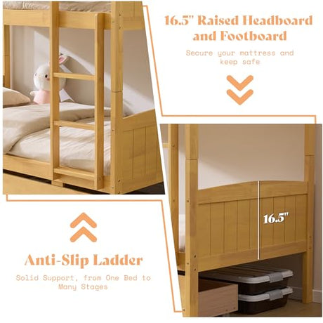 AMERLIFE Twin Over Twin Bunk Bed with Storage Drawers, Solid Rubberwood 2-in-1 Convertible Loft Beds with Ladders, Modern Detachable Bed Frame for Kids and Teens Bedroom, Natural Wood AMERLIFE