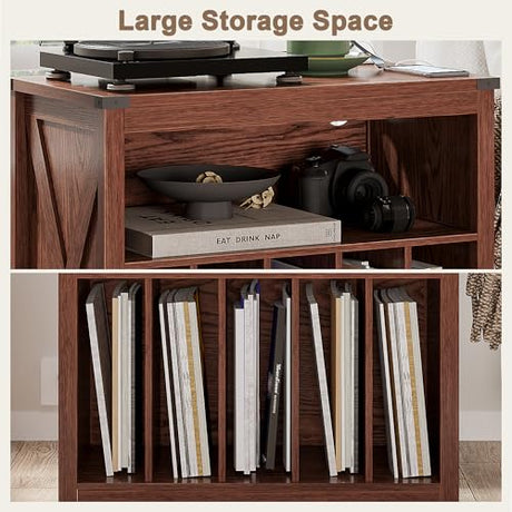 ChooChoo Large Record Player Stand with Charging Station & LED Light, Vinyl Record Holder hold up to 300 Albums, Farmhouse End Table for Bedroom, Living Room, Walnut ChooChoo