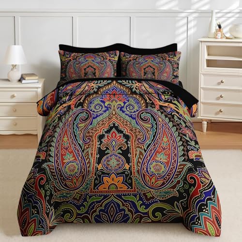 Nesker 5 Pcs Comforter Set Twin Size, Paisley Boho Plant Bedding Set for Kids and Adults, Bohemian Retro Floral Bed Sheet Sets with Fitted Sheet Pillowcases & Shams Nesker