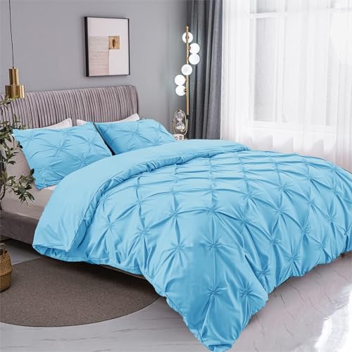 MKNAZ Bedding Duvet Cover Queen Size Blue Set, 3 Pieces Set Solid Color Satin Queen Duvet Cover Set 1 Comforter Cover and 2 Pillowcases with Zipper Cover (Lake Blue, Queen 90''*90'') MKNAZ