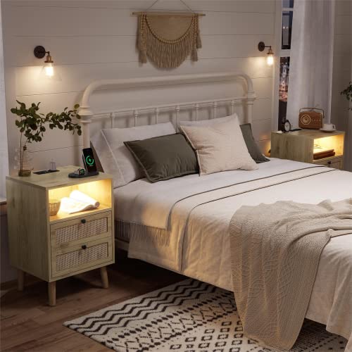 VIAGDO Rattan Nightstands Set of 2, Nightstands with Charging Station & LED Lights, Bed Side Tables with Hand Made Rattan Drawers & Open Storage, End Table, Wood Night Stands for Bedroom, Nat - WoodArtSupply