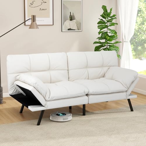 Opoiar 71-Inch Futon Sofa Bed, Convertible Guest Bed & Loveseat | Cozy Faux Leather with Adjustable Positions for Welcoming Living Rooms - White Opoiar