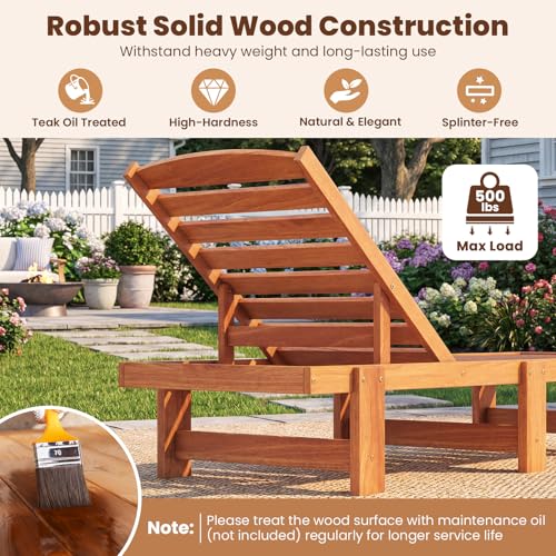 Tangkula Lounge Chair Outdoor, Solid Wood Patio Chaise Lounge with 5-Level Adjustable Backrest, Wooden Slatted Beach Pool Sunbathing Recliner for Outside Backyard, 500 LBS Max Load (1,Natural)