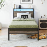 BOFENG Twin Bed Frame with Wood Headboard and USB Charging Station,Heavy Duty Metal Platform Single LED Bed Frame Twin Size with Storage No Box Spring Needed,Strong Steel Slats,Noise Free,Rustic Grey BOFENG