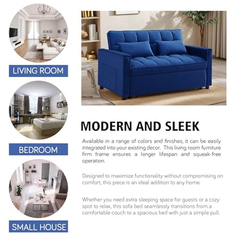 3 In 1 Velvet Convertible Sofa Bed, Pull Out Couch Bed with Reclining Backrest And 2 Pillows, 54" Full Size Loveseat Sleeper Sofa Futon Couch Beds, Couches For Small Spaces, Living Room (Dark Blue) Xinmviec