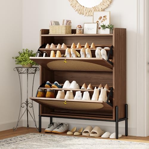 IRONCK Shoe Cabinet Storage with 2 Flip Drawers, Free Standing Wooden Shoe Storage Organizer Cabinet with Rattan Doors for Entryway, Narrow Shoe Rack Cabinet, Walnut IRONCK