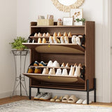 IRONCK Shoe Cabinet Storage with 2 Flip Drawers, Free Standing Wooden Shoe Storage Organizer Cabinet with Rattan Doors for Entryway, Narrow Shoe Rack Cabinet, Walnut IRONCK