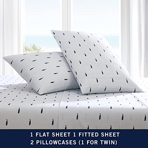 Nautica - Queen Sheets, Cotton Percale Bedding Set, Crisp & Cool, Coastal Home Decor (Whale Stripe Blue, Queen)