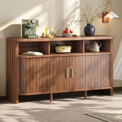 IRONCK 55" Sideboard Buffet Cabinet with Storage, Fluted Credenza with Sliding Door & Open Shelf, Mid Century Modern Accent Coffee Bar Console Table for Kitchen, Living Room, Entryway, Walnut