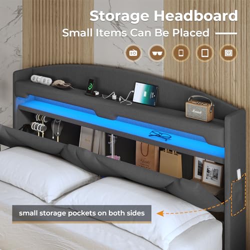 ADORNEVE Full Size Floating Bed Frame with RGB LED Lights and Charging Station, Upholstered Platform Bed Frame with Storage Shelf Headboard, Solid Wood Slats, Noise Free, Easy Assembly, Dark Grey ADORNEVE