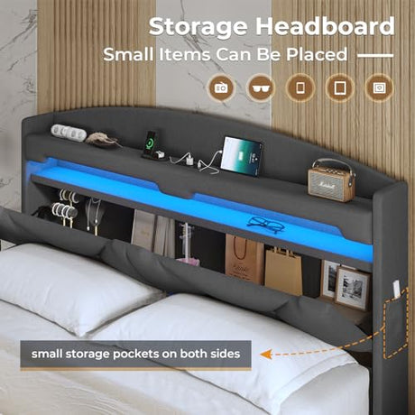 ADORNEVE Full Size Floating Bed Frame with RGB LED Lights and Charging Station, Upholstered Platform Bed Frame with Storage Shelf Headboard, Solid Wood Slats, Noise Free, Easy Assembly, Dark Grey ADORNEVE