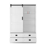 GOSROMS Armoire Wardrobe Closet with Sliding barn Door，Wardrobe Cabinet with 4 Storage Drawers and Hanging Rail,Freestanding Wooden Closet for Bedroom (White) GOSROMS