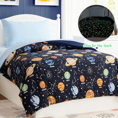 Toddler Bedding Set - 4 Pieces Toddler Comforter Set for Kids Boys, Glow in The Dark Space Bed in A Bag with Sheets Kaleido Space