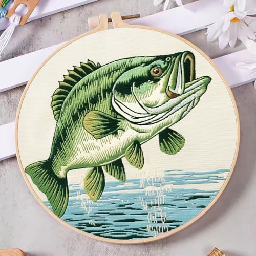 DIY Cross Stitch Kits Bass Fish with Hoop 11CT Needlepoint Embroidery Stamped Counted Cross Stitch Set Craft Wall Decor 20x20cm-1