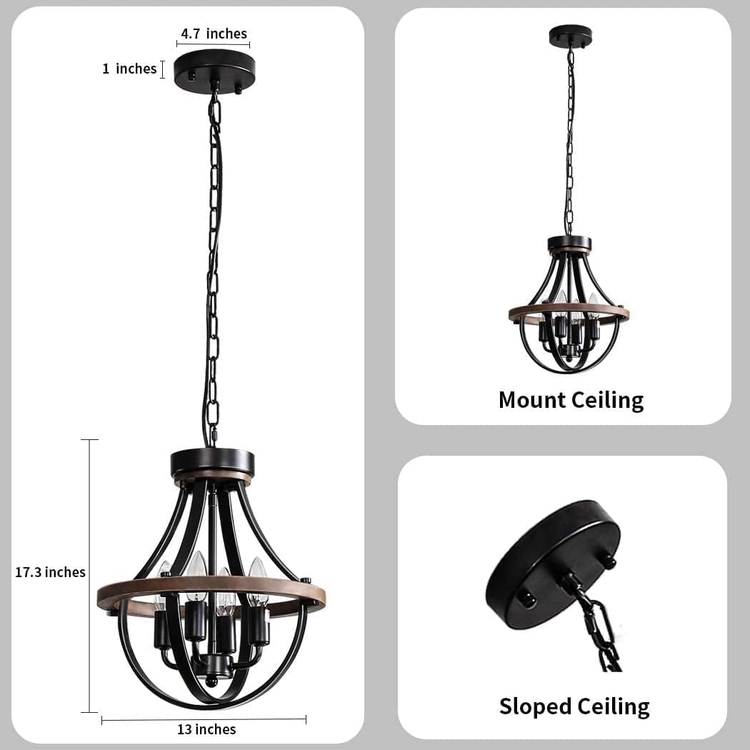 Threebro Chandeliers，Farmhouse Ceiling Chandelier Wood Black Modern Rustic Hanging Pendant Light Fixture with Chain for Dining Room Living Room Entryway Kitchen Island Bedroom Foyer Lighting（4-Light） Threebro