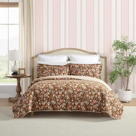 Laura Ashley - Twin Quilt Set, Reversible Cotton Bedding with Matching Sham, Lightweight Home Decor for All Seasons (Marta Brown, Twin) Laura Ashley