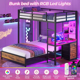 ADORNEVE Twin Over Full Bunk Bed with Desk, Bunk Beds Twin Over Full Size with Charging Station & Led Lights, Storage Drawers & Shelves, Loft Bed with Safety Guardrail & Ladder for Kids/Teens, Black ADORNEVE