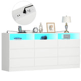 Auromie 9 Drawers Dresser, Double Modern Chest of Drawers with Power Outlet, Dresser TV Stand with Led Light Strip, Drawer Organizer for Bedroom, Living Room, Hallway (White, 9 Drawer) Auromie