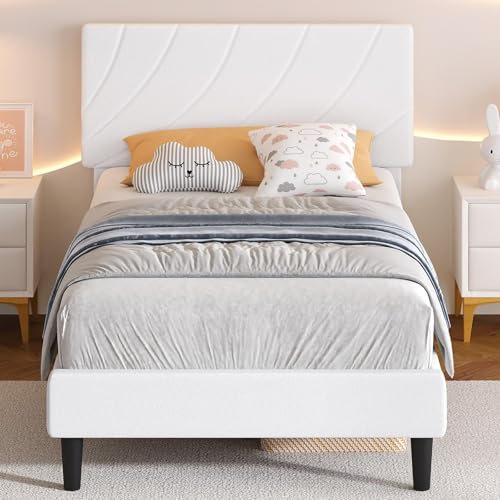 HOMBCK Twin Bed Frames,Twin Size Bed Frame with Linen Fabric Upholstered Headboard and Wooden Slats Support,Adjustable Headboard, No Box Spring Needed, Noise-Free, Easy Assembly, White HOMBCK