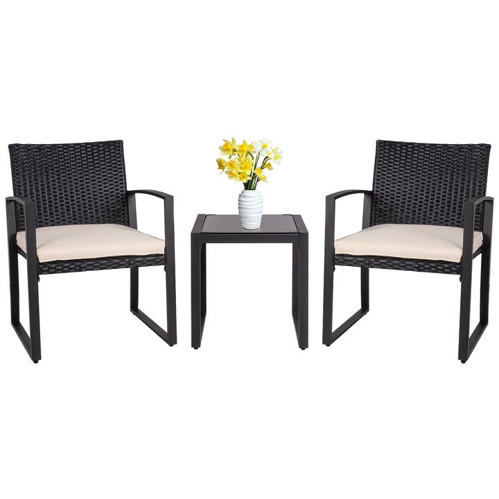 Shintenchi 3 Pieces Outdoor Patio Furniture Set Modern Black Wicker Bistro Set Rattan Chair Conversation with Coffee Table for Yard Porch Poolside Lawn(Beige) - WoodArtSupply