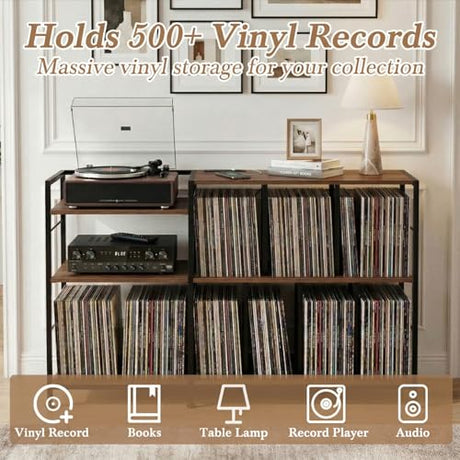 Faesun Record Player Stand with Vinyl Record Storage, Turntable Stand with Power Outlet, Large Record Storage Shelf Holds 500 Albums, Industrial Audio Rack for Living Room Bedroom, Walnut Faesun