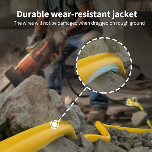 12/3 Gauge Heavy Duty Outdoor Extension Cord 50 ft Waterproof with Lighted end, Flexible Cold-Resistant 3 Prong Electric Cord Outside, 15Amp 1875W 12AWG SJTW, Yellow, ETL HUANCHAIN huanchain