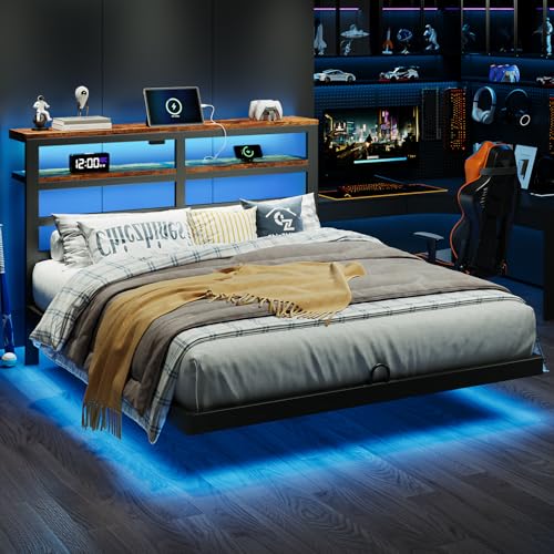 kozfrn Floating Bed Frame Full Size with Storage Headboard,Modern Metal Platform with Smart LED Lights and Charging Station,Metal Slat Support,No Box Spring,Easy Assembly,Noise-Free,Black kozfrn