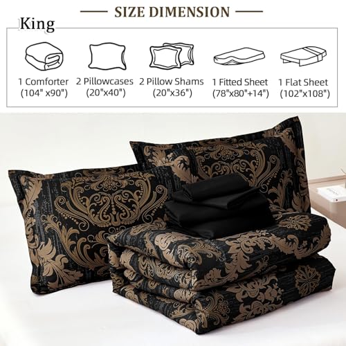 WONGS BEDDING Black Comforter Set California King Size, Gold Damask 7 Pieces Bed in a Bag Microfiber Comforter Bedding Sets -1 Comforter, 1 Flat Sheet, 1 Fitted Sheet, 2 Pillow Shams, 2 Pillowcases WONGS BEDDING