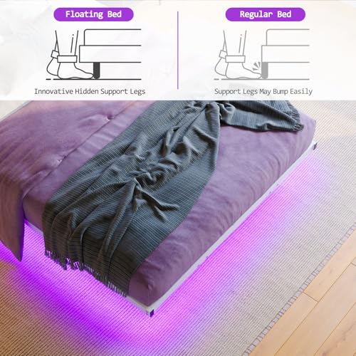 MUZERUL Floating Bed Frame Full Size with LED Lights & Charging Station,Metal Platform Bed Frame Full Size with XX Headboard,No Box Spring Needed,Heavy Duty Steel Slats,Easy Assembly,Noise Free,White MUZERUL