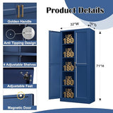 SteeLoong Kitchen Pantry Cabinet,71”Blue Metal Pantry Storage Cabinets with Doors and 4 Adjustable Shelves,Kitchen Cabinet with 2 Gold Handles,Tall Cabinet for Livingroom, SteeLoong