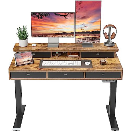 FEZIBO Height Adjustable Electric Standing Desk with 5 Drawers, 48 x 24 Inch Table with Storage Shelf, Sit Stand Desk Black Frame/Rustic Brown Top, 48 inch FEZIBO