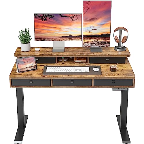 FEZIBO Height Adjustable Electric Standing Desk with 5 Drawers, 48 x 24 Inch Table with Storage Shelf, Sit Stand Desk Black Frame/Rustic Brown Top, 48 inch - WoodArtSupply