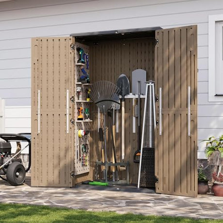 Aoxun Outdoor Storage Shed with Floor, 64 Cu.Ft Large Outdoor Storage Cabinet, Waterproof Vertical Resin Shed for Garden Tools, Pool Equipment, Brown Aoxun